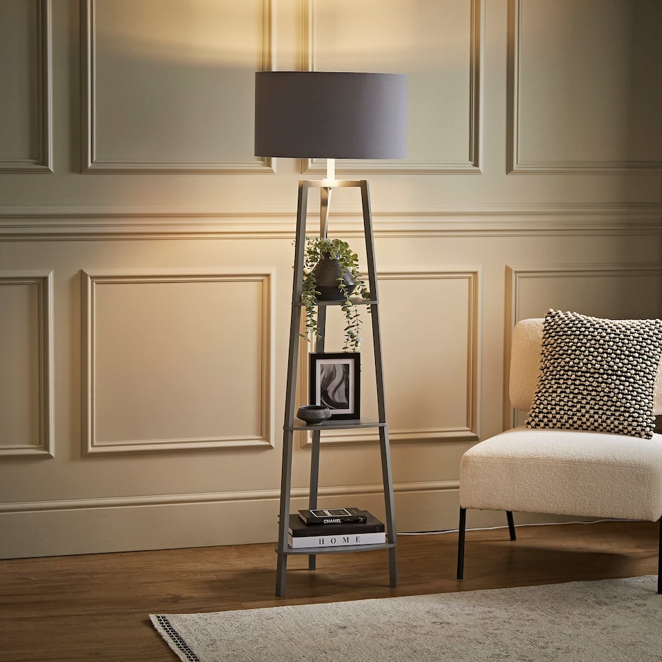 image 1 of ValueLights Hiru Grey 3 Tier Shelf Floor Lamp Grey Chrome Shade | Grey