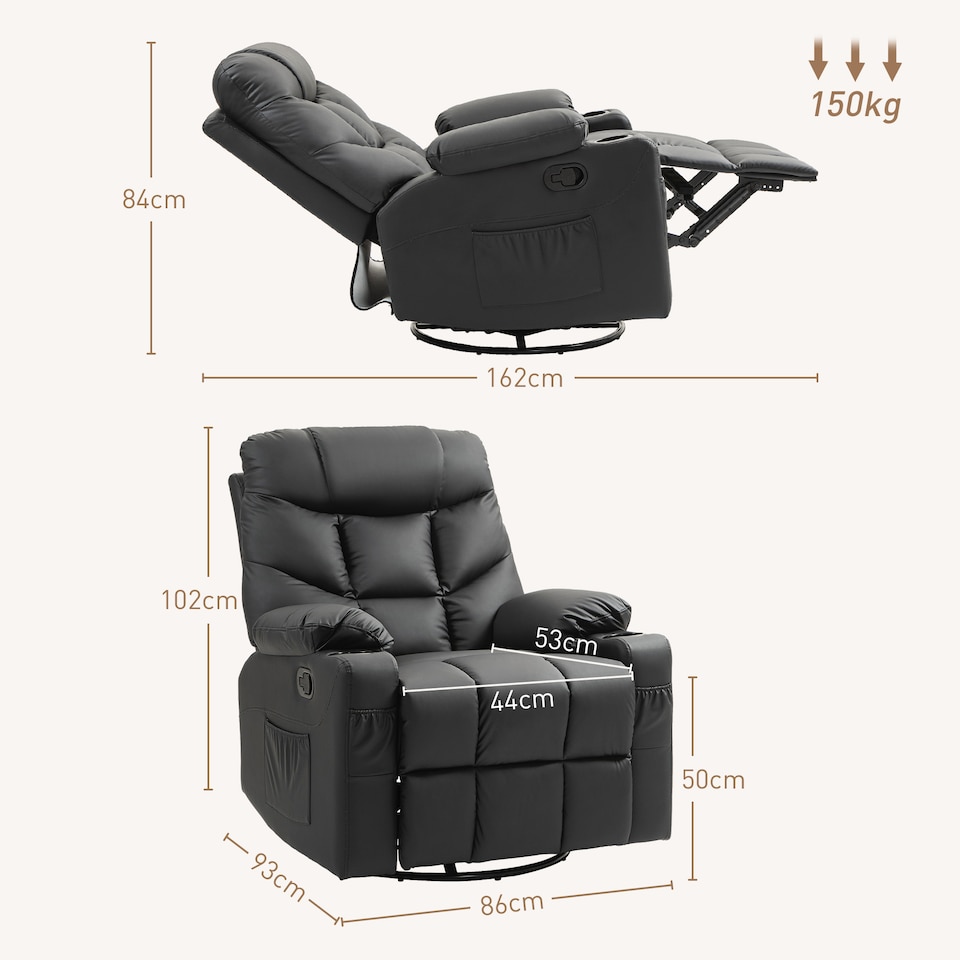 image 1 of HOMCOM Recliner Armchair, Swivel PU Leather Manual Reclining Chair with Adjustable Leg Rest, Drink Holders, Side Pockets, Rocker Chair for Home Living Room, Black