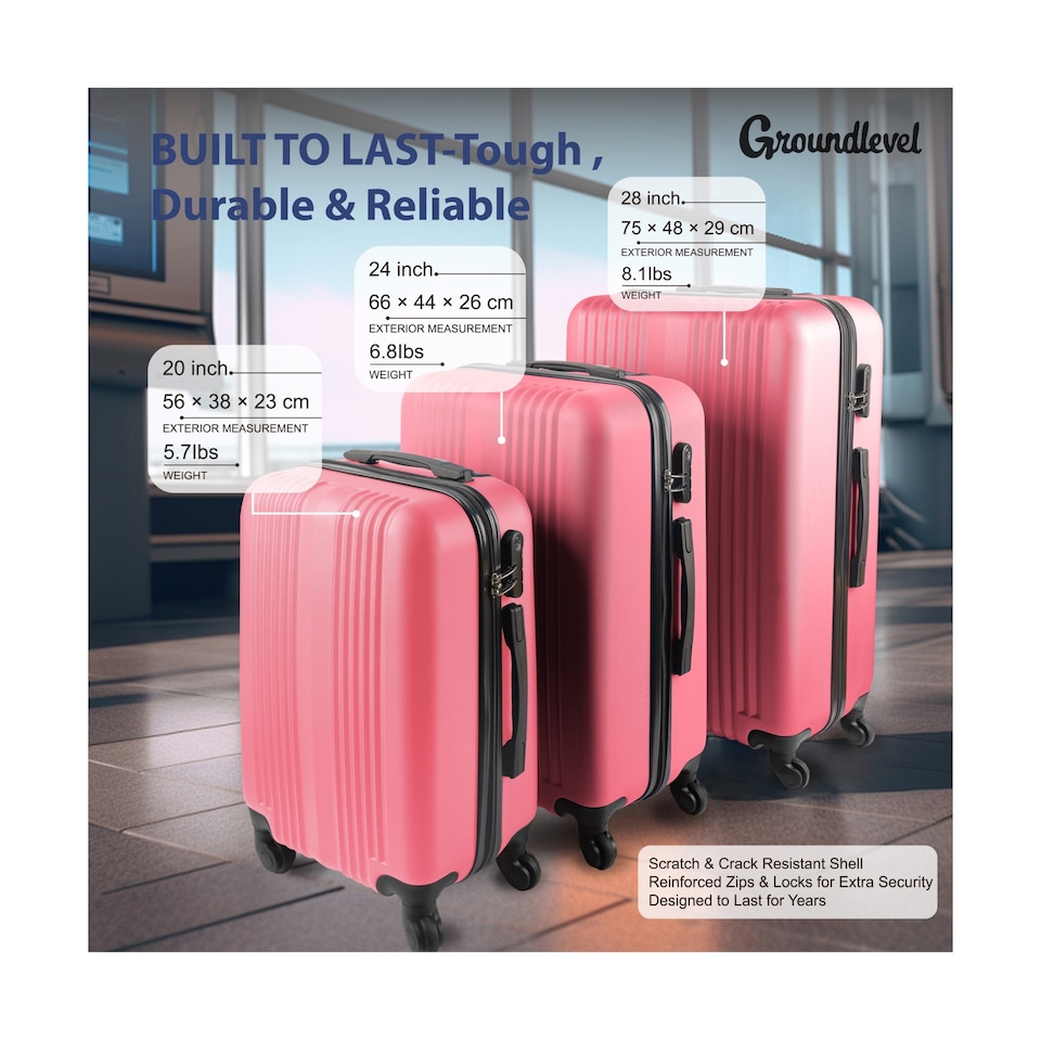 image 1 of Groundlevel XL Delta Hard Shell 3 Piece Luggage Set Durable Spinner Suitcases | Pink | Pink