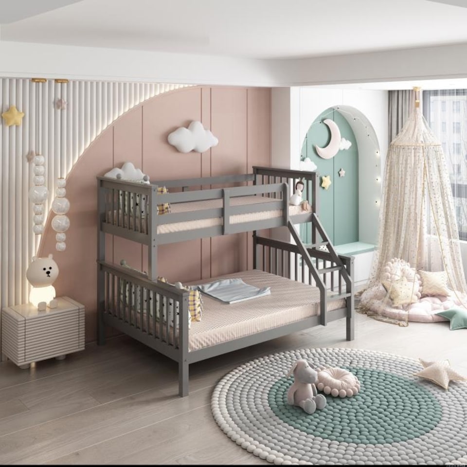 image 1 of Grey Bunkbed with 2 Mattresses 3ft Single & 4ft6 Double Trio Bunkbed, Wooden Children Bedroom Furniture