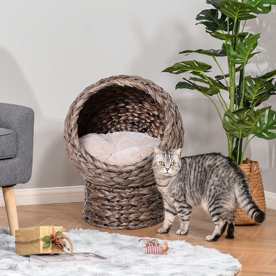 image 1 of PawHut Wicker Cat House, Raised Cat Bed with Cushion, 42 x 33 x 52cm, Dark Brown