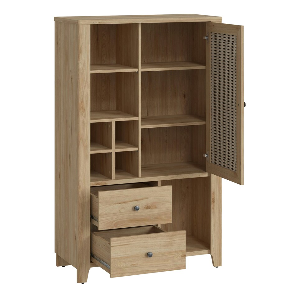 image 1 of Cestino 1 Door 2 Drawer Cabinet in Jackson Hickory Oak and Rattan Effect