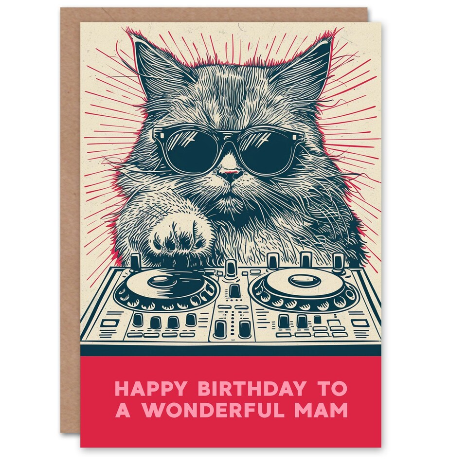 image 1 of DJ Moggie Cat Retro Cool On Decks Fun Cat Mam Her Funny Birthday Card