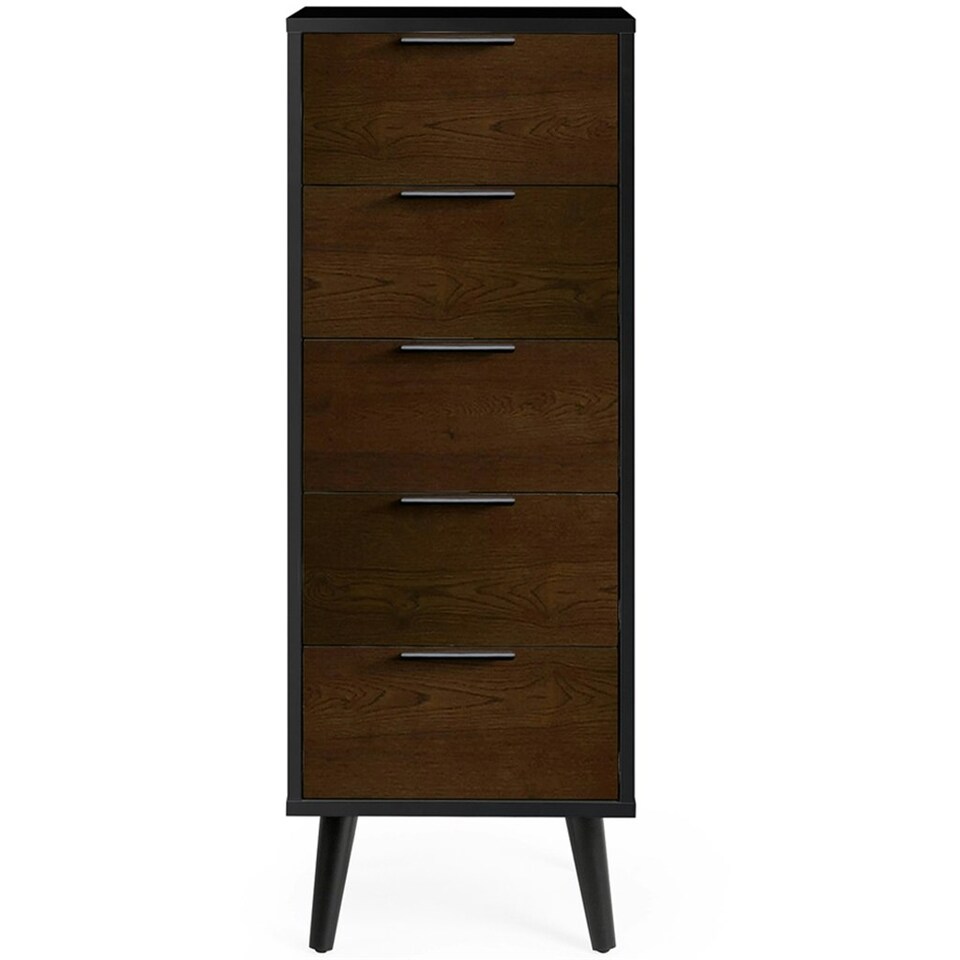 image 1 of Walnut Oak and Matt Black Narrow Chest of Drawers (5 Drawers)