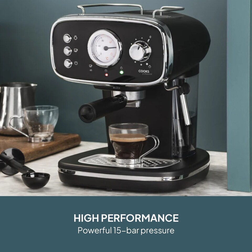image 1 of Cooks Professional 15-Bar Retro Espresso Coffee Machine 1.2L with Frothing Steam Wand | Black | Black & Silver