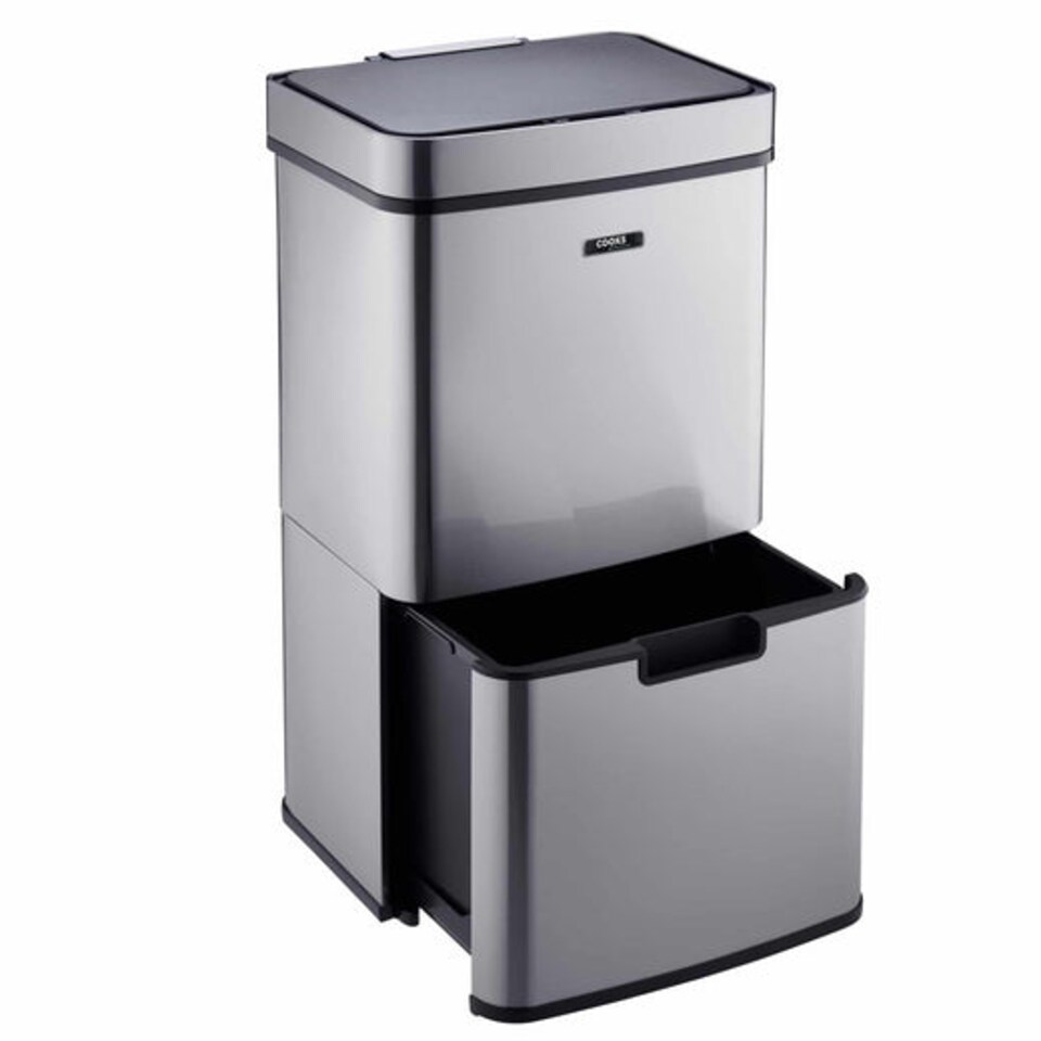 image 1 of Cooks Professional Recycling Sensor Bin 75L with Dual Compartments & Food Caddy | Silver | Silver
