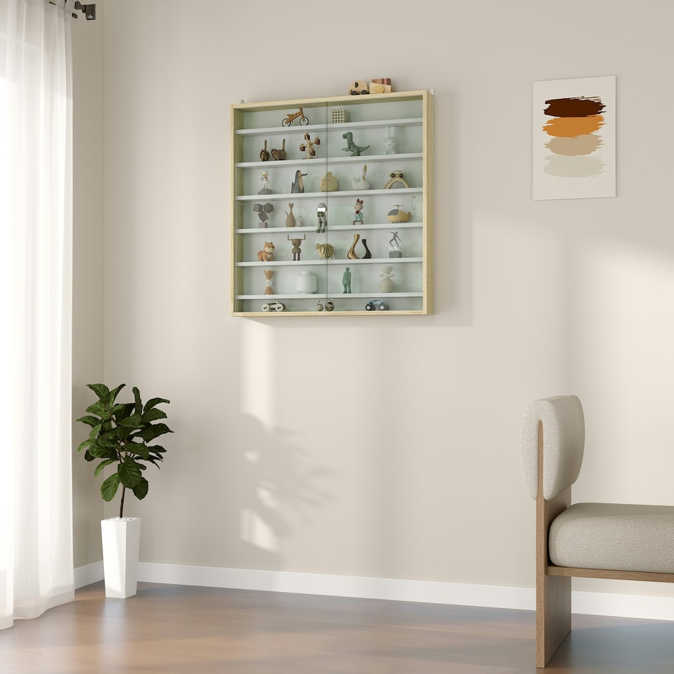image 1 of HOMCOM Wall Display Cabinet w/ Shelves Glass Doors Yellow