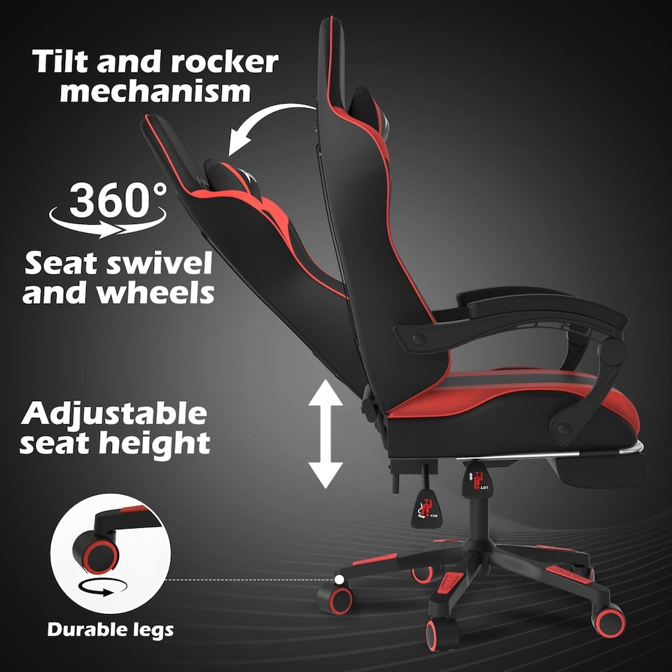image 1 of Alivio Ergonomic Gaming Chair with Massage Lumbar Cushion & Retractable Footrest, PU Leather Video Game Chair (Red)