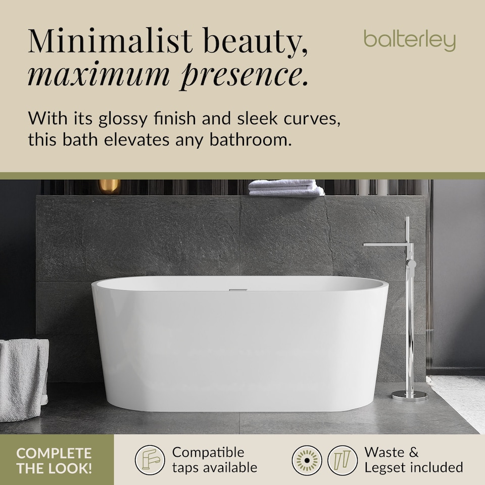 image 1 of Balterley Contemporary Oval Freestanding Bath: Modern Double-Ended Luxury Acrylic Bath | White | White | 1500 x 730 x 590mm