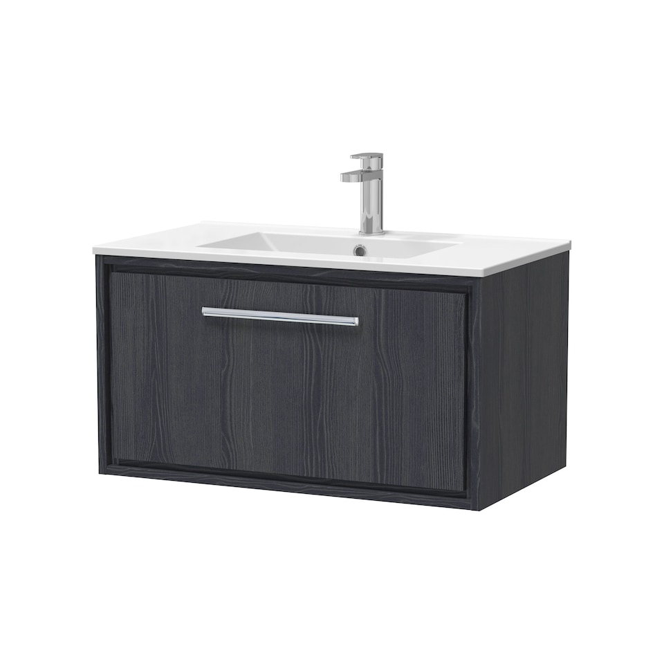 image 1 of Balterley Longnor 1 Drawer Wall Hung Vanity Unit with 1 Tap Hole Minimalist Basin, Woodgrain Graphite Grey, 800mm
