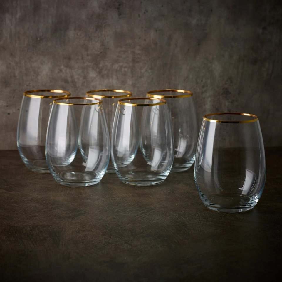 image 1 of Amber Tumbler Gold Rim Set Whiskey Glass Cocktail Goblet 570ml | Clear | Clear | Set of 12