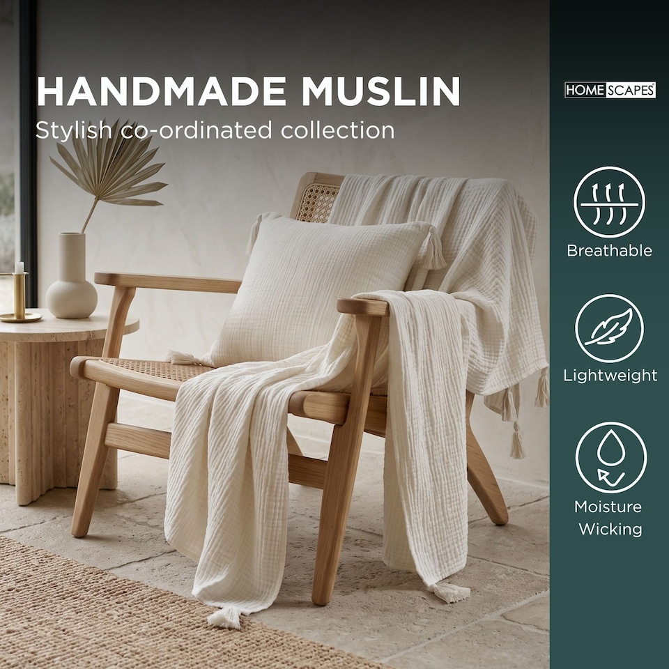 image 1 of Homescapes Pure Handmade Cotton Muslin Bed Throw Blanket - 127 x 180 cm
