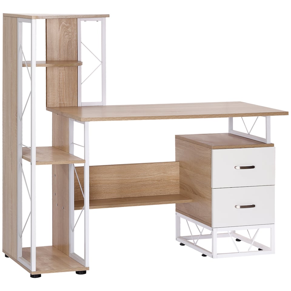 image 1 of HOMCOM Computer Desk with Drawers and Bookshelf, Writing Desk for Home Office with Storage Shelves, Study Workstation, Oak