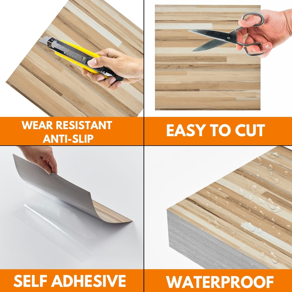 image 1 of NOVECRAFTO Vinyl Floor Tiles Self Adhesive – 12x12in Peel and Stick Flooring for Kitchen, Bathroom & Living Room – Beige Brown Wooden Stripes Design Brown | 2.79 sqm