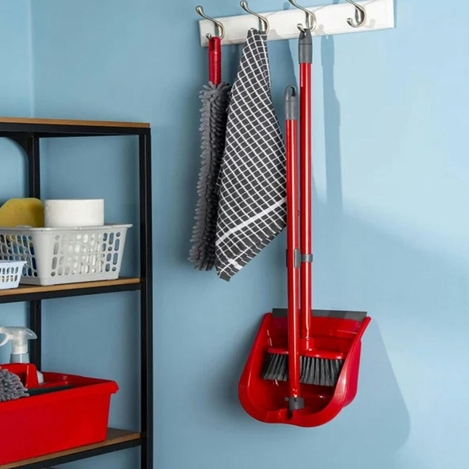 image 1 of 2 Sets of Tall Long Handled Red Dustpan & Brush Set For Indoor Sweeping Home & Kitchen Red