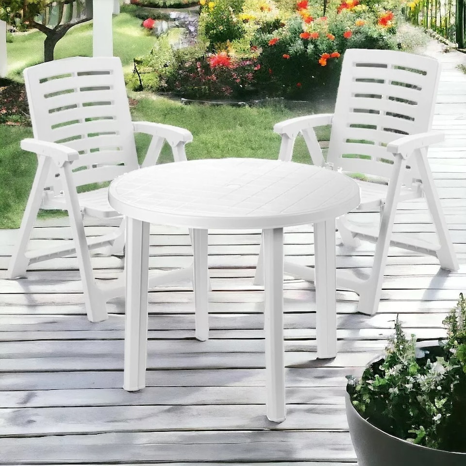 image 1 of Round Plastic Table & 2 Folding Chairs Set with Armrests Garden Patio Furniture