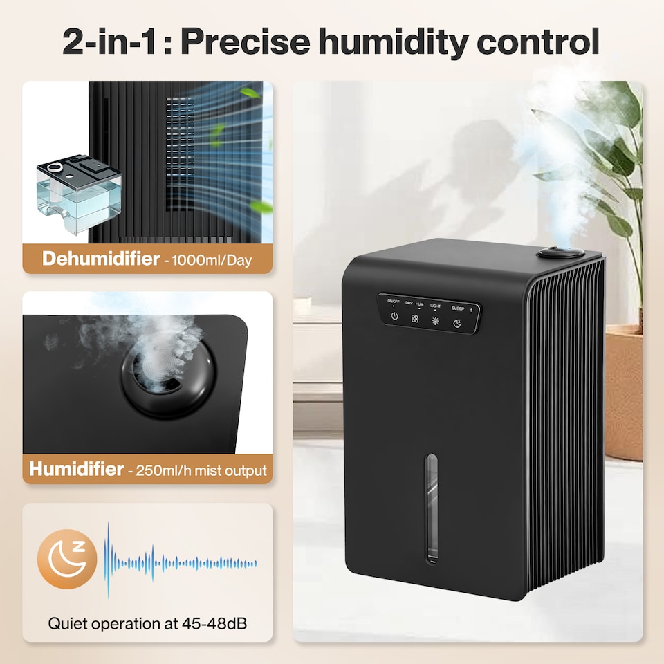 image 1 of Spector Dehumidifier Humidifier 2 in 1 Portable Electric LED Auto Off Black 3.2L