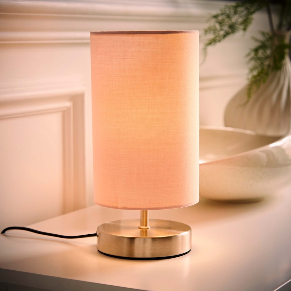 image 1 of ValueLights Satin Touch Dimmer Bedside Table Lamp With Pink Cylinder Light Shade