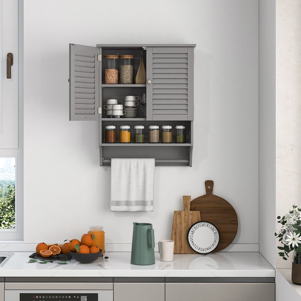 image 1 of COSTWAY Wall mounted Bathroom Cabinet Double Door Storage Medicine Cabinet Towel Bar