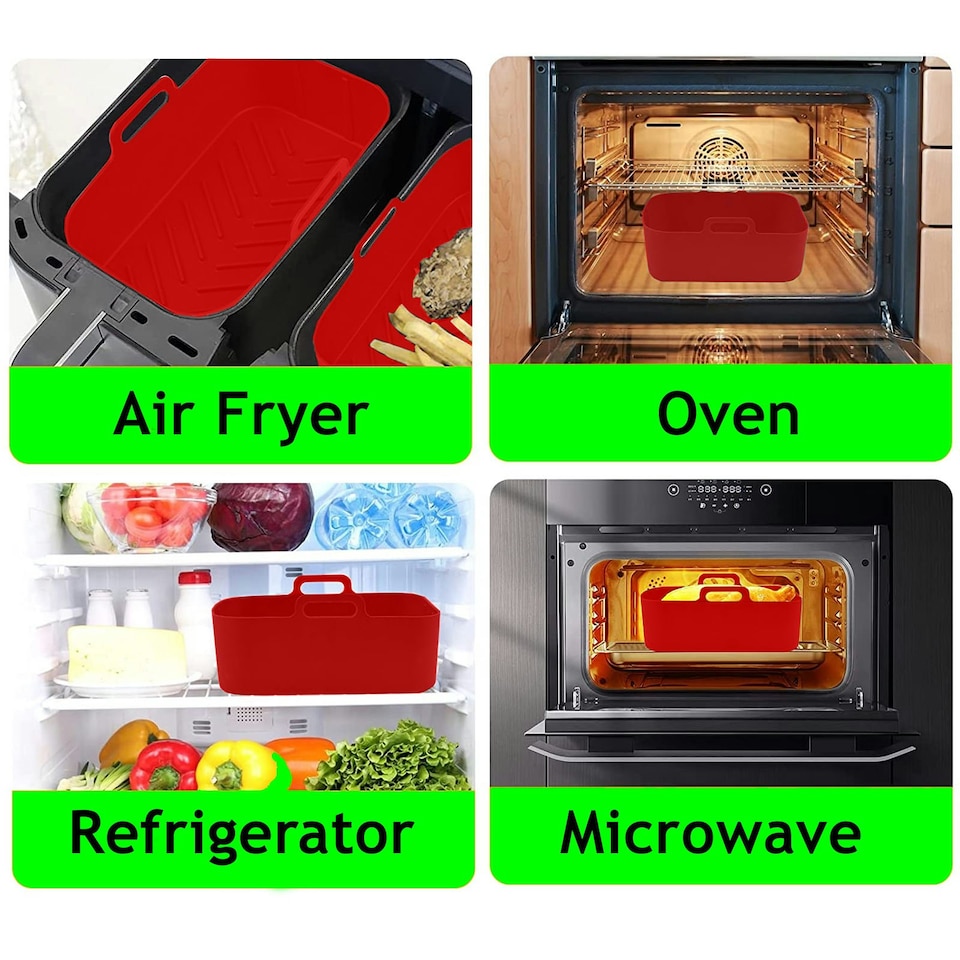 image 1 of SPARES2GO Rectangular Non-Stick Silicone Basket Drawer Liners for Air Fryer (Pack of 2, Red)