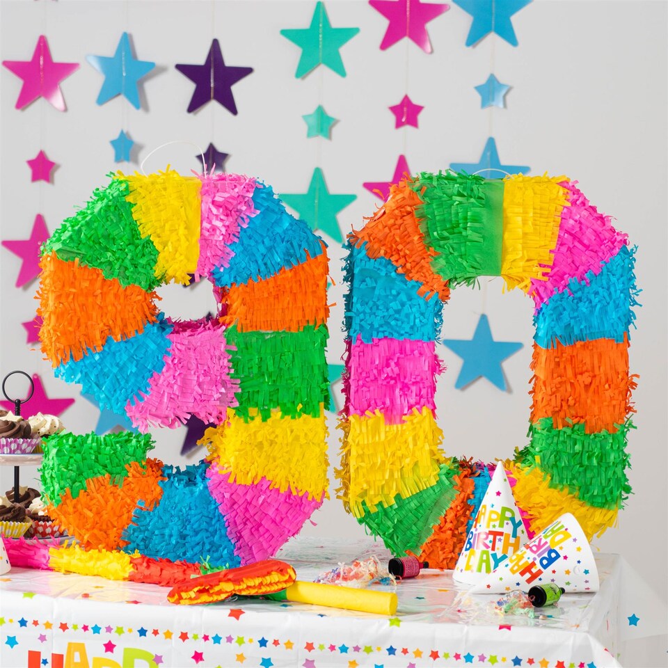 image 1 of Fax Potato Fax Potato Pinata Set with Stick & Blindfold - 90th Birthday / Anniversary - Rainbow