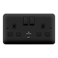 SE HOME Curved Matt Black 2 Gang 13A DP Ingot 1 USB Twin Double Switched Plug Socket Black | Black Matt