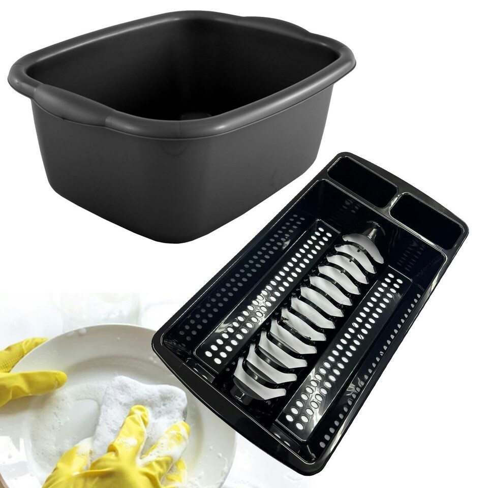 image 1 of Black Rectangular Washing Up Bowl & Dish Rack Sets Ideal For Kitchens & Sinks Black