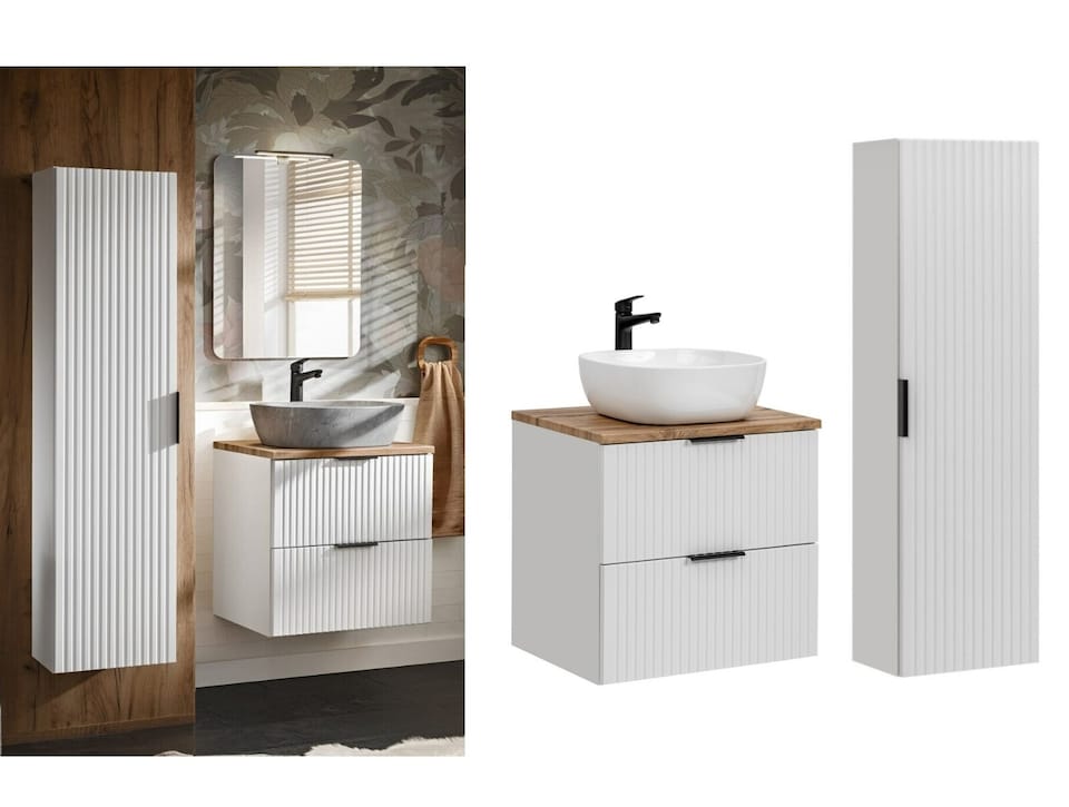 image 1 of Bathroom Cabinets 600mm Vanity Unit with Sink Oak Effect Worktop Tallboy Wall Storage White Ribbed Fluted Furniture Set Adel