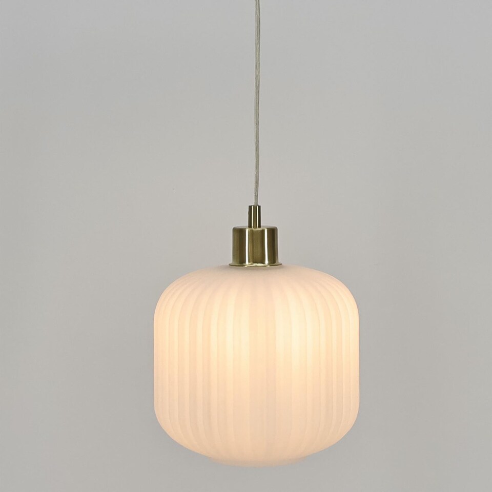 image 1 of Set of 2 Bento - White Ribbed Glass with Satin Brass Pendant Fittings | Gold | White | 2