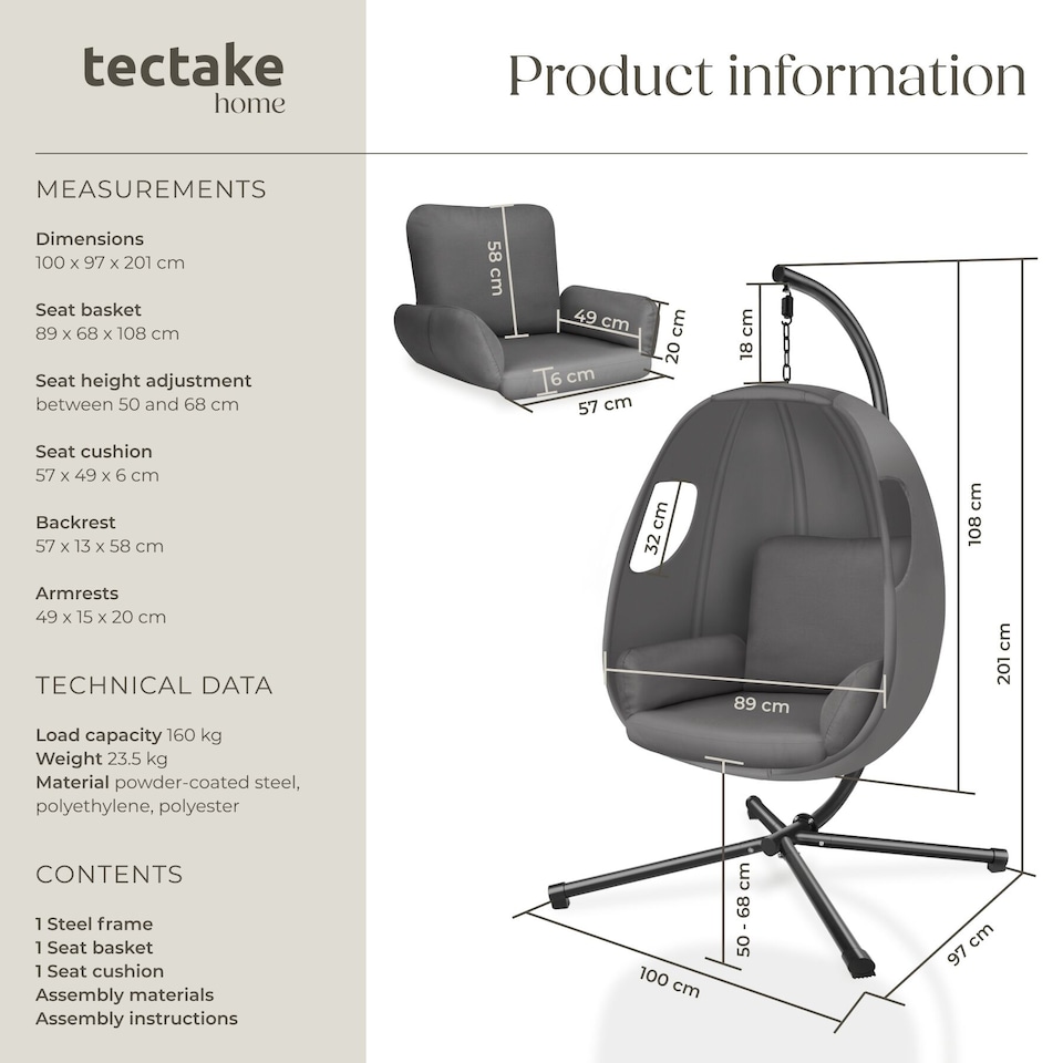 image 1 of Hanging Egg Chair Anika - with frame and extra thick seat cushion | Grey | anthracite | One Size | 1