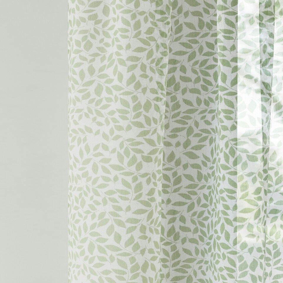 image 1 of Pair of Willow Green Leaf Print Voile Panels 229 cm (90 inch) Rod Pocket Linen Look Panels for Bedroom and Living Room