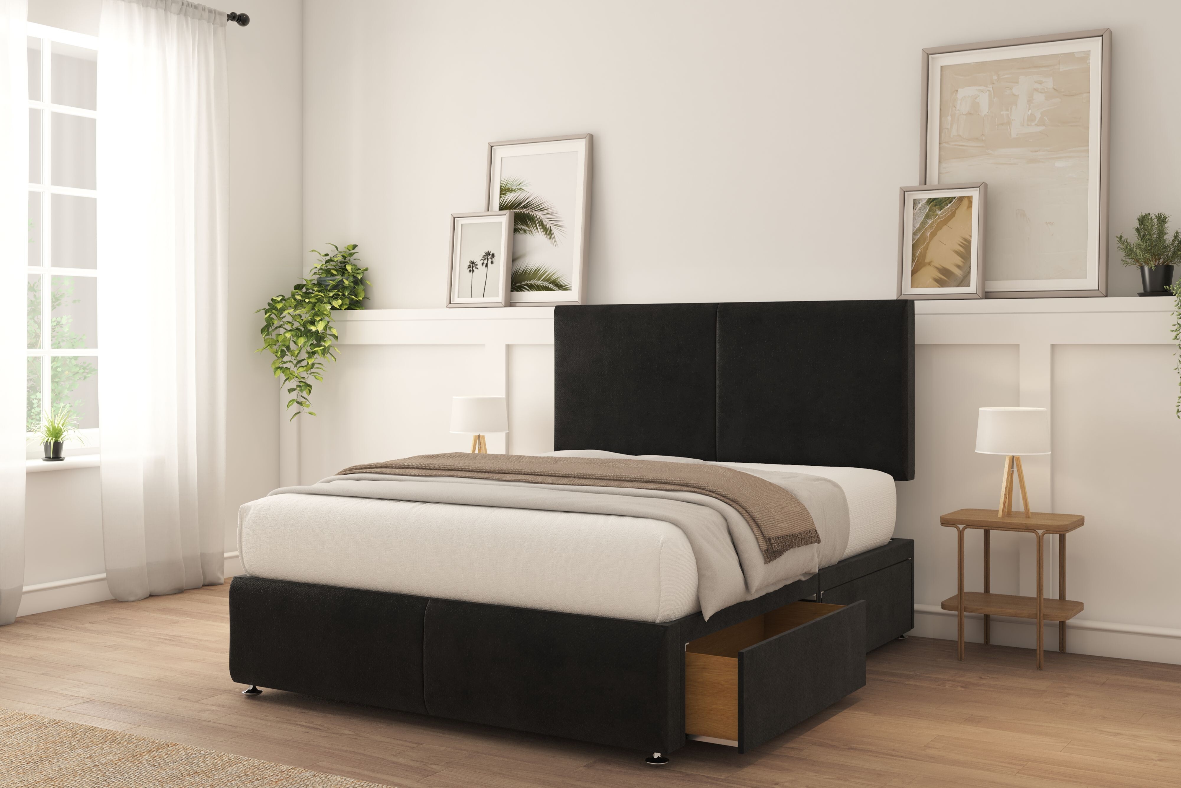 Sloomy Vienna Black Plush Divan Bed With Mattress 2 Drawers Left 26" Strutted Headboard & 12" Footboard 4' Small Double