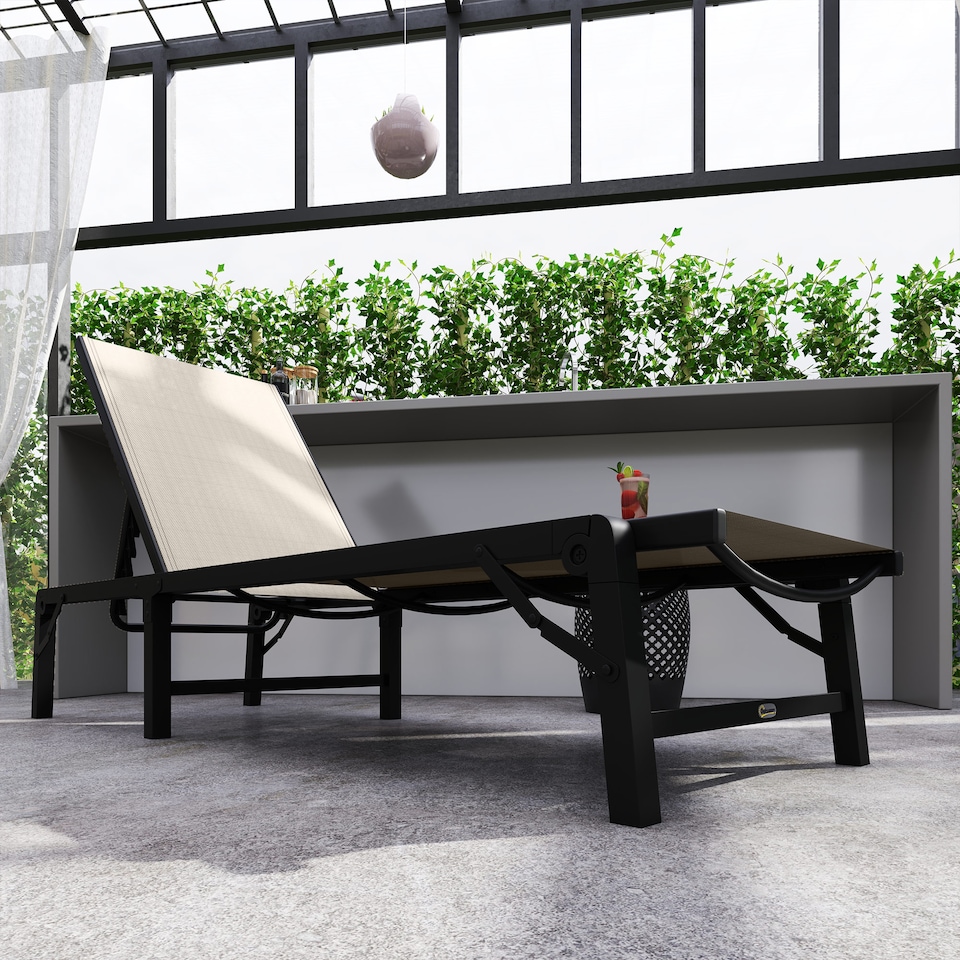 image 1 of Outsunny Folding Sun Lounger Set of 2, 5-Position Adjustable Reclining Garden Loungers, Garden Chaise Lounge Sunbed Recliner Chairs with Steel Frame for Beach, Porch, Patio, Camping, Khaki | Brown | Khaki