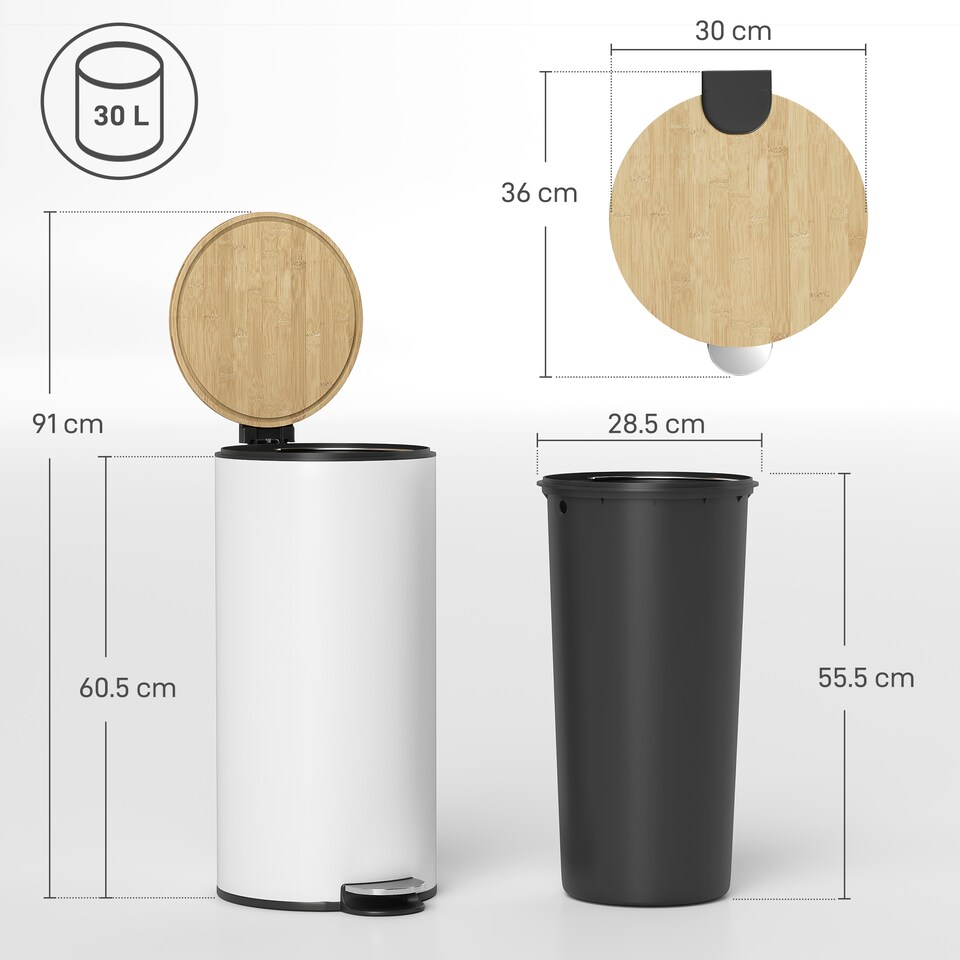 image 1 of HOMCOM Kitchen Bin, 30 Litre Pedal Rubbish Bin with Removable Bucket, White