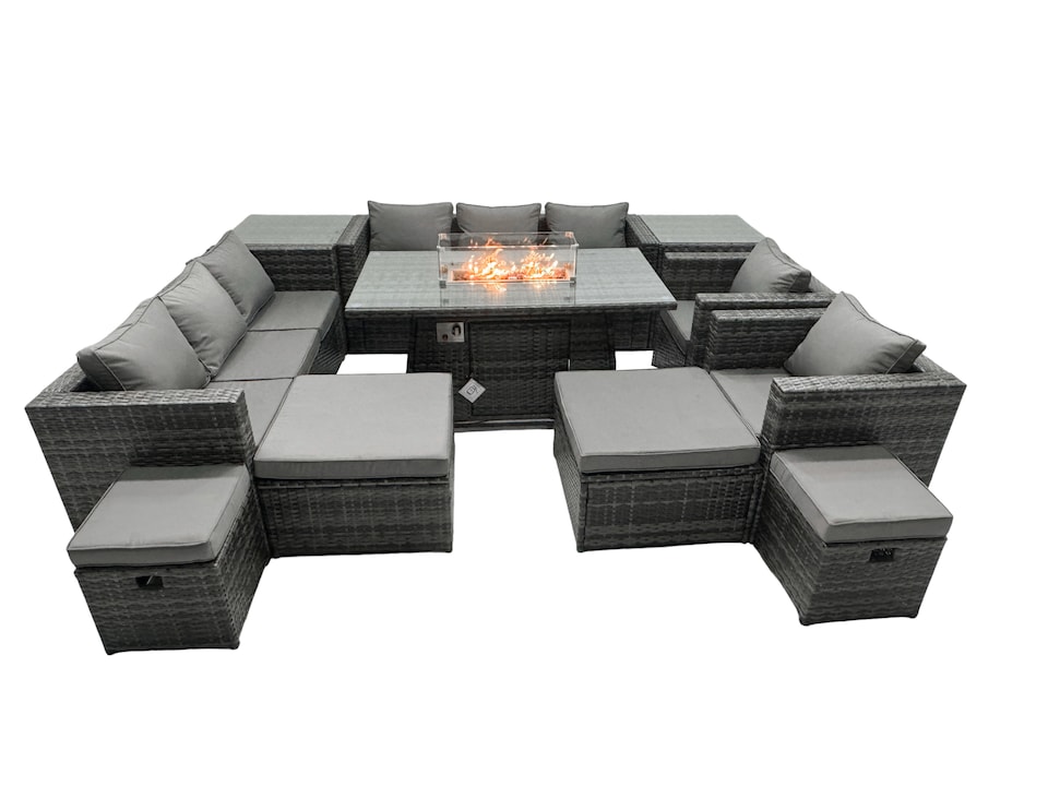 image 1 of Fimous Rattan Garden Furniture Firepit Dining Set 12 Seater Lounge Sofa Table Set with 2 side table 2 big Footstool