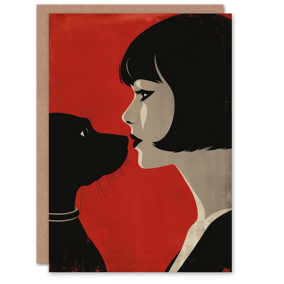 image 1 of Greeting Card Black Dog Lover Lady and Pet Bold Red Retro Style
