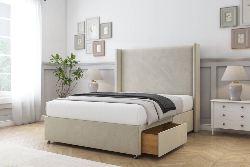 image 1 of Sloomy Devonshire Cream Plush Divan Bed With Mattress No Drawers With 54" Wingback Headboard 4' Small Double | Cream | Cream | Small Double | 1