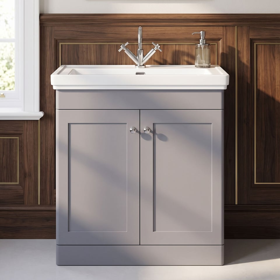 image 1 of Balterley Classic Traditional Bathroom Floor Standing 2-Door Vanity Unit & Fireclay Basin | Grey | Satin Grey