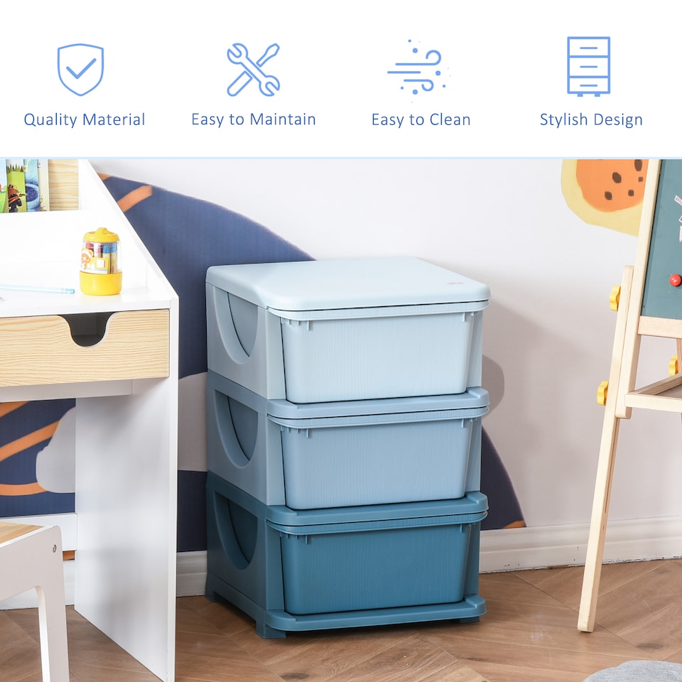 image 1 of HOMCOM Kids Storage Units with Drawers 3 Tier Chest Dresser Tower Blue