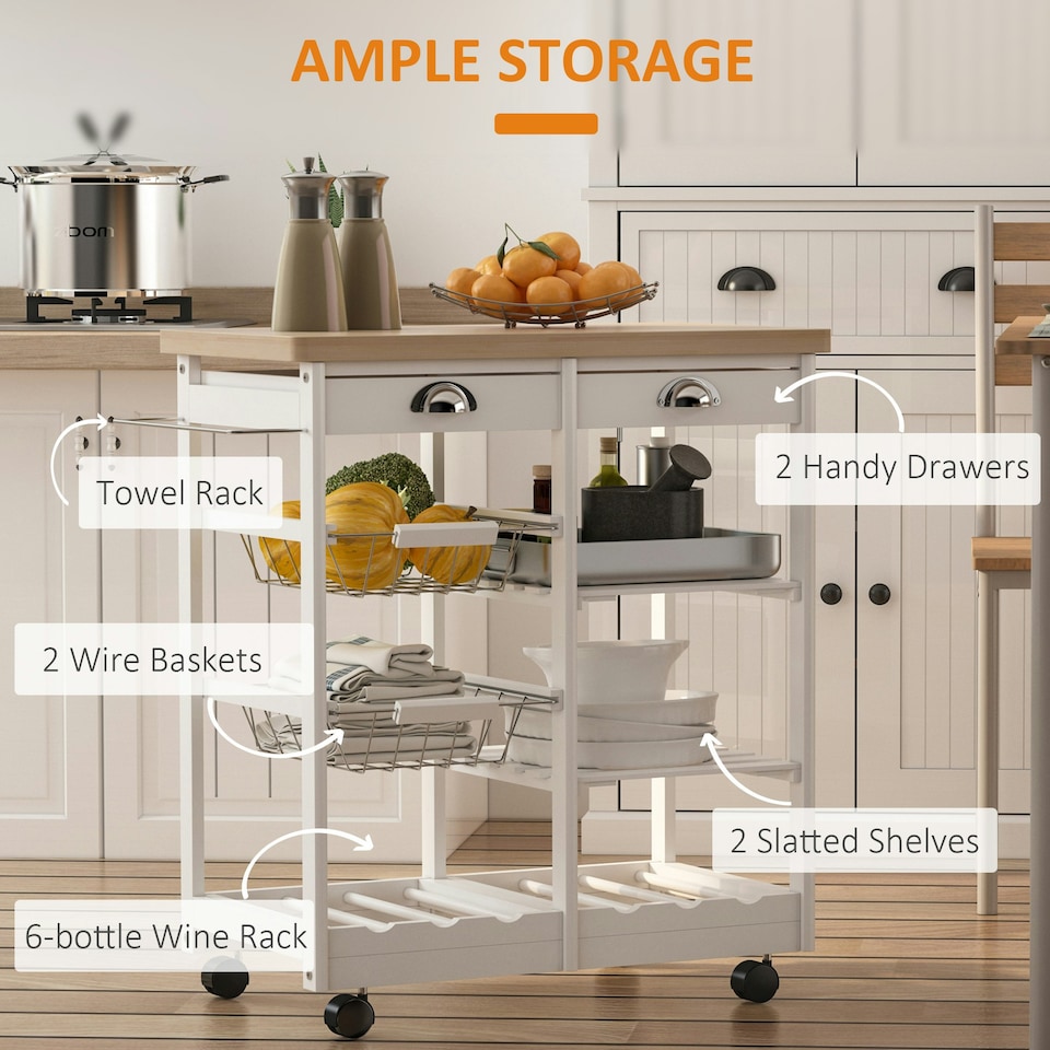 image 1 of HOMCOM Rolling Kitchen Island Trolley, Serving Cart w/ Drawer, Basket White