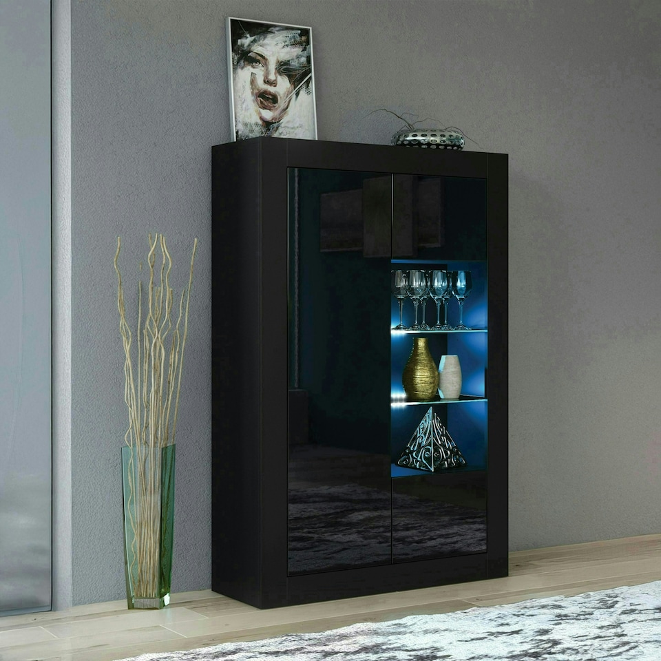 image 1 of Black Display Cabinet 93cm Gloss Doors Free LED Modern Storage Unit | Black