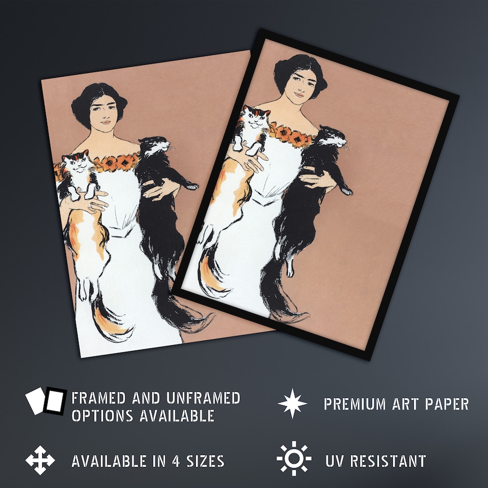 image 1 of Woman Holding Two Cats Drawing Vintage Framed Wall Art Print Penfield 12x16"
