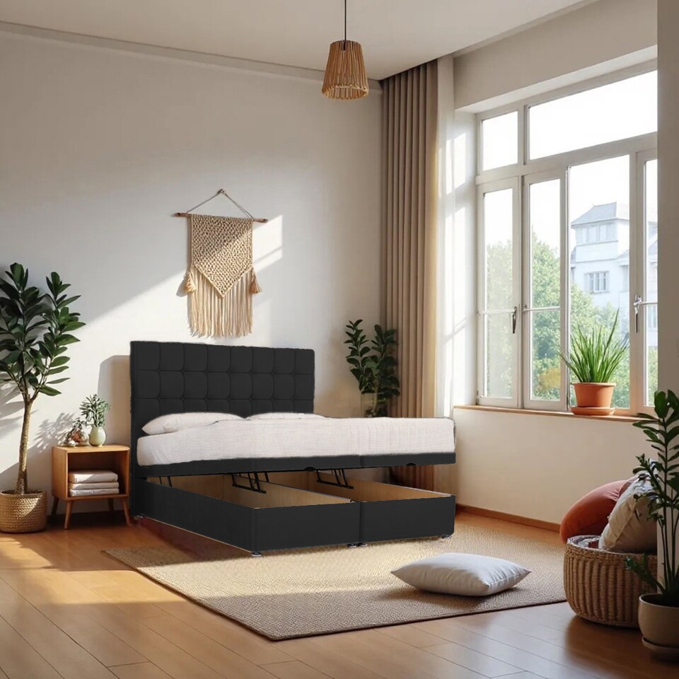 image 1 of Cubed End Opening Ottoman Bed With Mattress & 24" Headboard