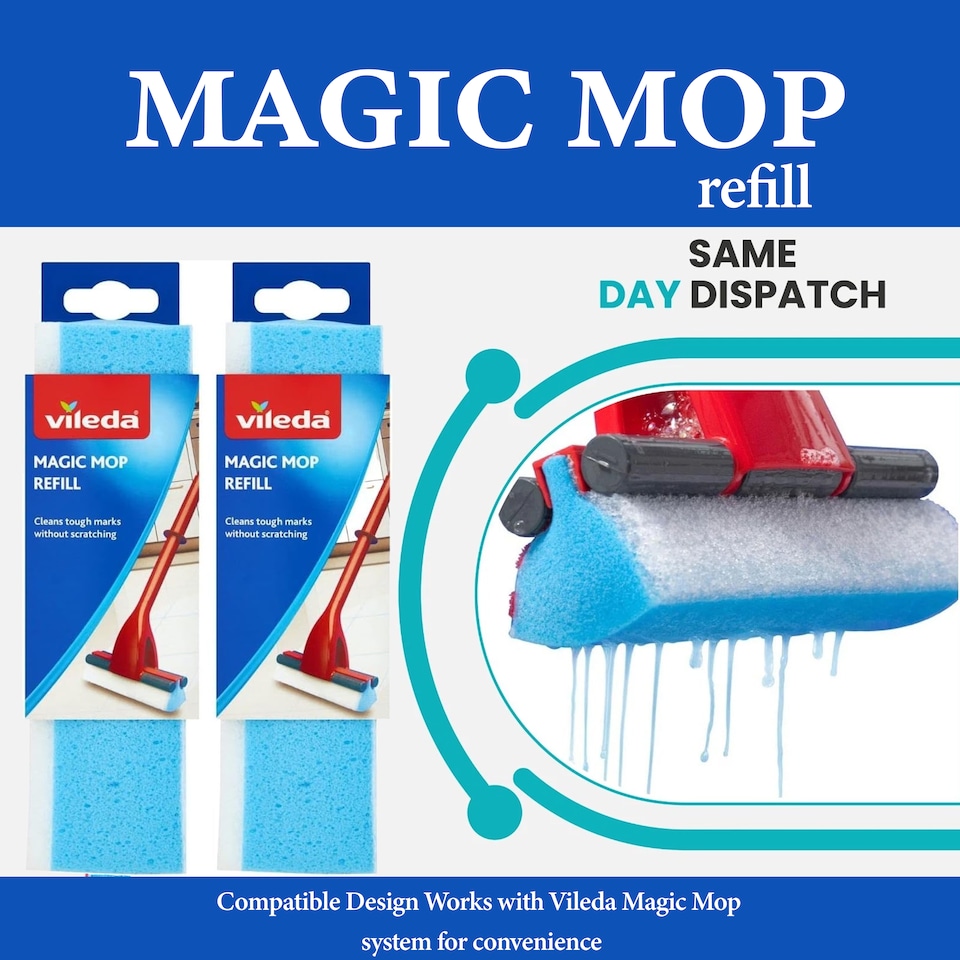 image 1 of Vileda Magic Mop Refill 3 Action Sponge Head Absorbent Foam Non Scratch Cleaning Mop Head Replacement Easy Pack of 2