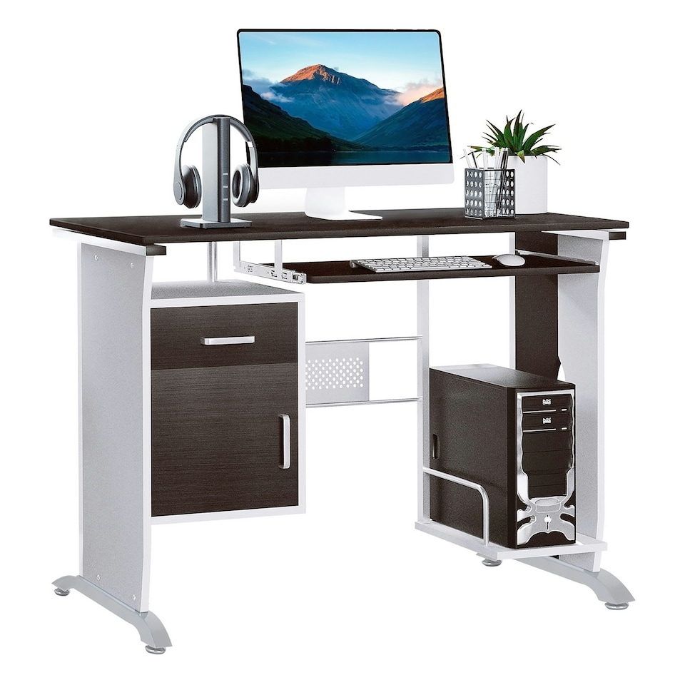 image 1 of HOMCOM Computer Desk Drawer PC Writing Wooden Workstation Keyboard Walnut