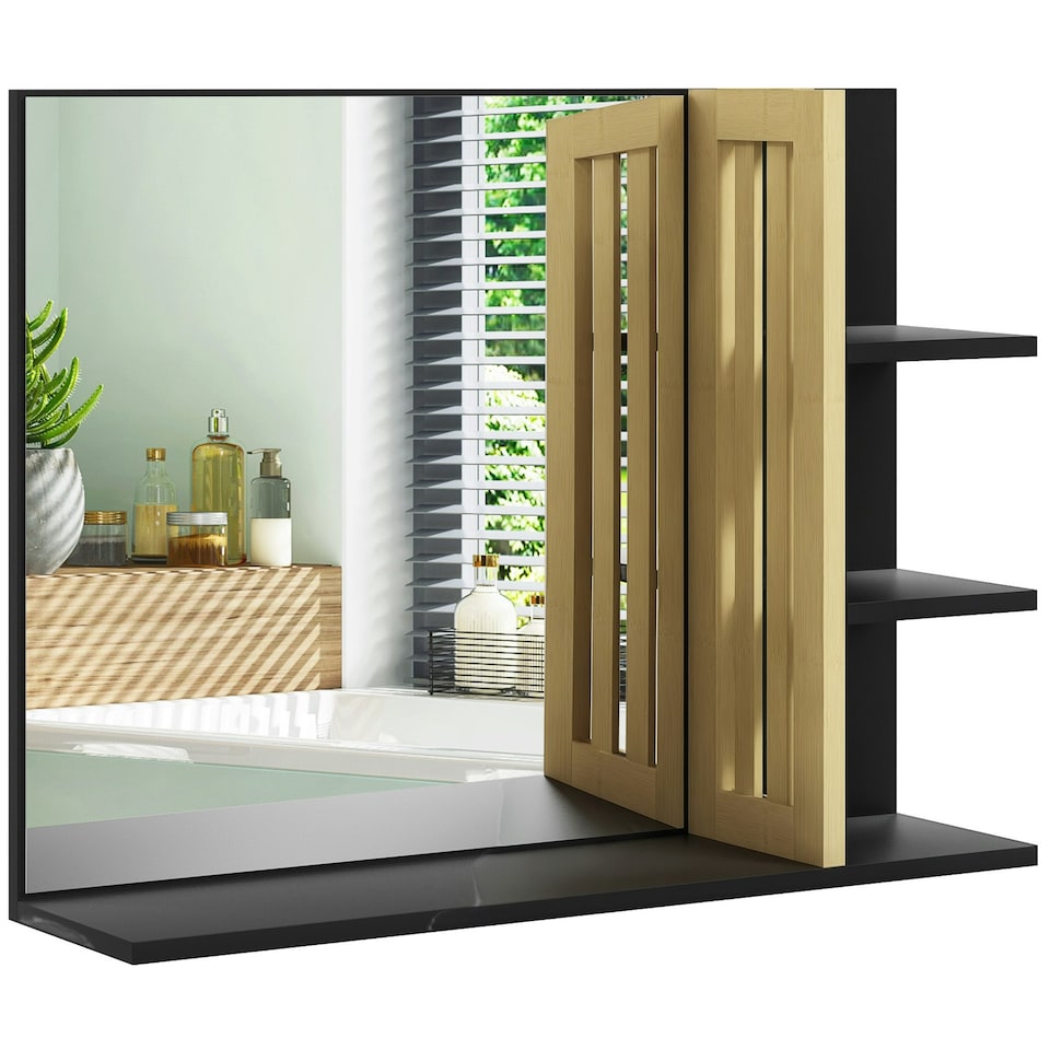 image 1 of HOMCOM Bathroom Mirror Wall Mount Vanity Mirror with 4 Storage Shelves, Black