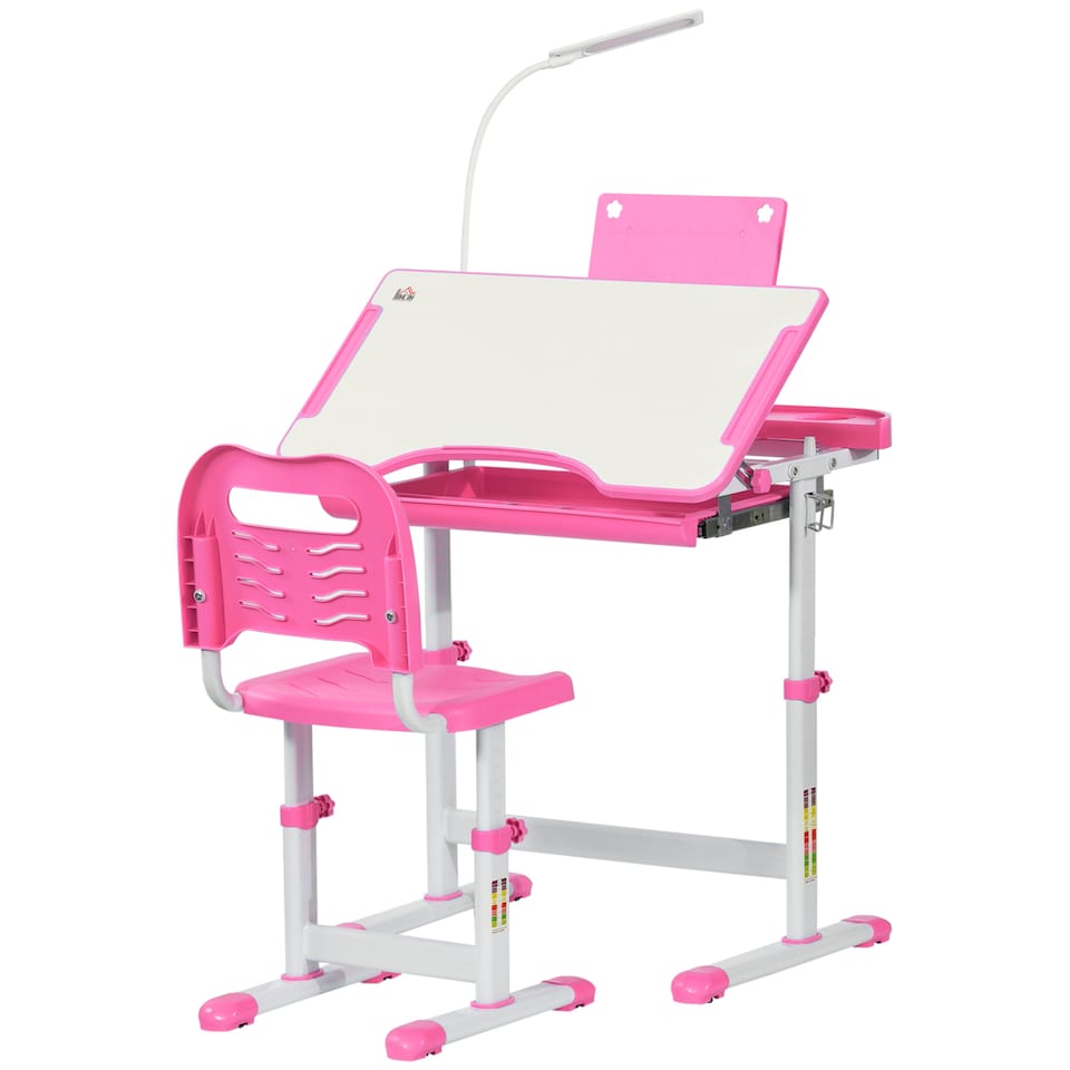 image 1 of HOMCOM Kids Desk and Chair Set, Height Adjustable Study Desk with USB Lamp | Pink