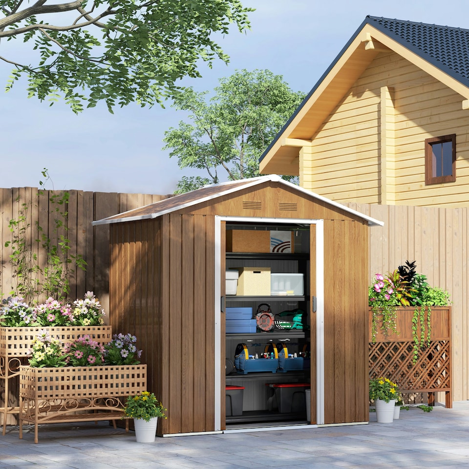 image 1 of Outsunny 6.5x3.5ft Metal Garden Shed for Garden, Brown Wood Effect Brown