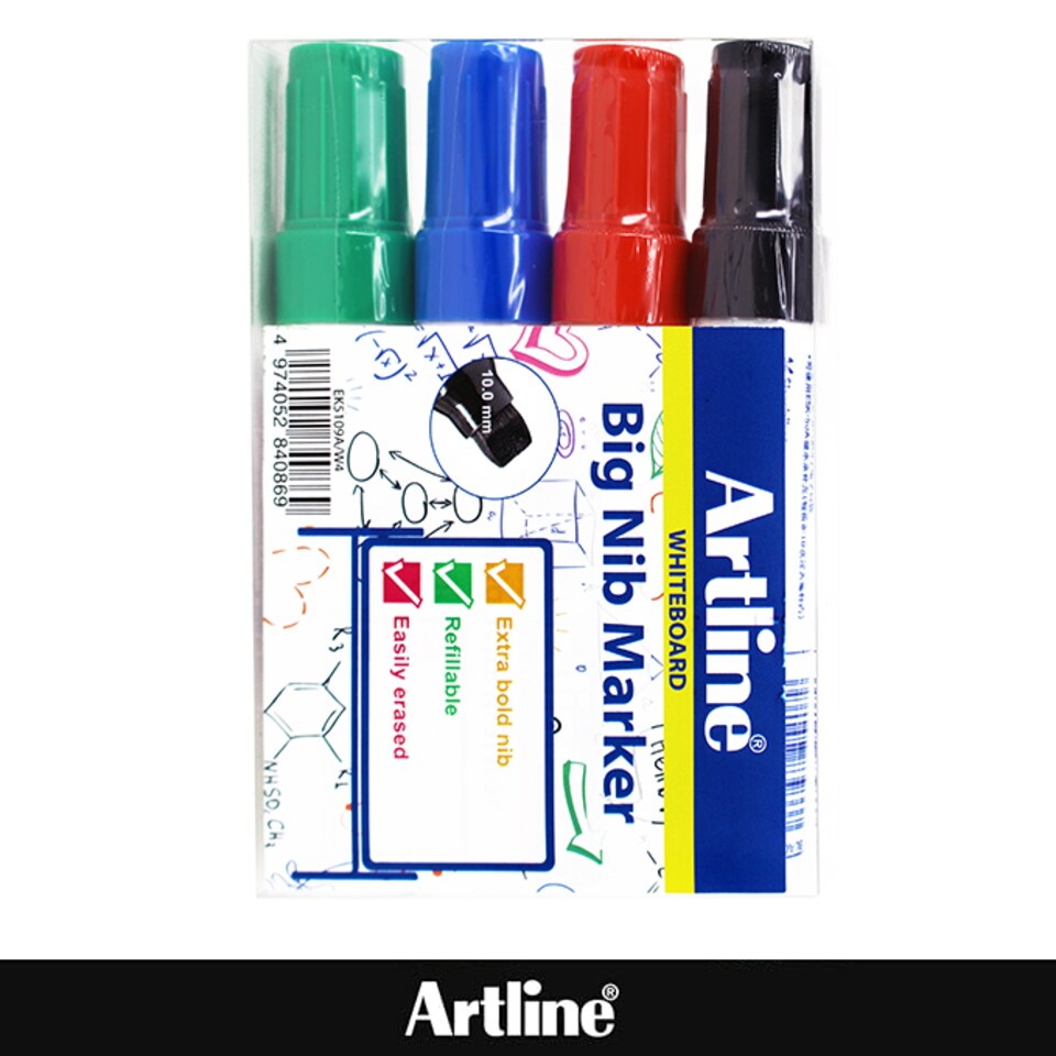 image 1 of Artline Big Nib Whiteboard Pens Chisel Nib Assorted 4 Pack