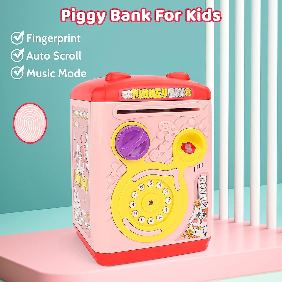 image 1 of Electronic Money Bank for Kids Pink Password & Fingerprint Toy ATM Piggy Bank Secure, Fun & Educational Savings Box